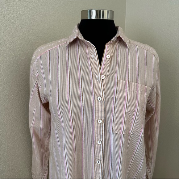 Anthropologie Long Buttondown Motif Striped Pink Embroidered Striped Shirt Dress - Picture 4 of 16
